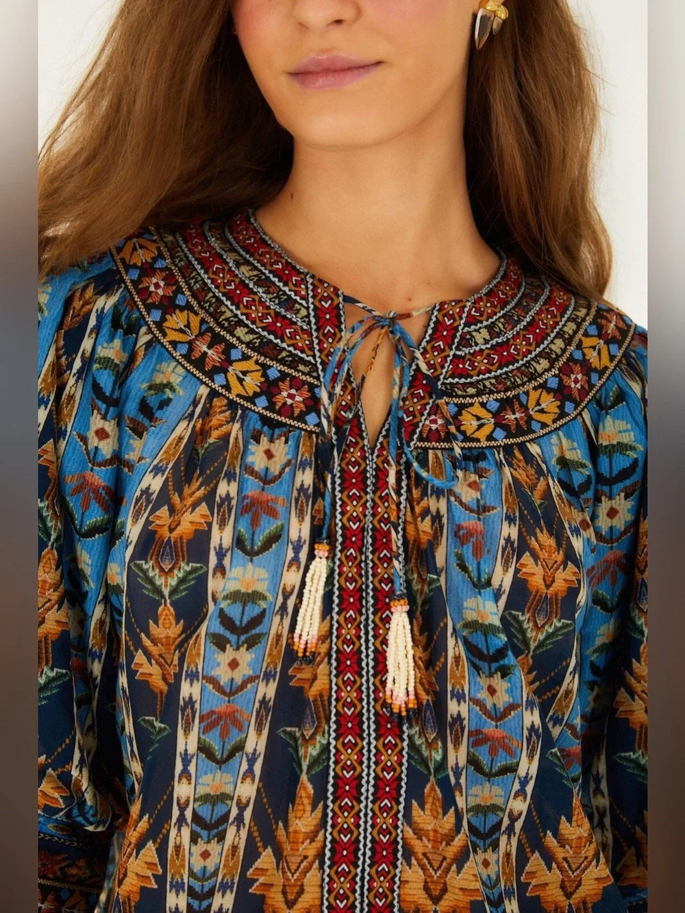 Farm Rio Blue Embroidered Tapestry Tassels Puff Sleeve Blouse